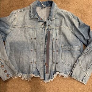 Free People Light Blue Distressed Denim Jacket with Asymmetric Zipper